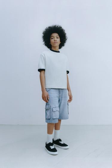 LOOSE-FITTING DENIM CARGO BERMUDA SHORTS - Blue / Green by Zara