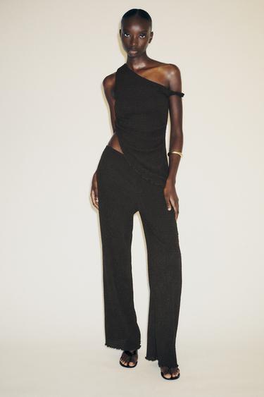 TEXTURED WIDE-LEG TROUSERS - Dark brown by Zara