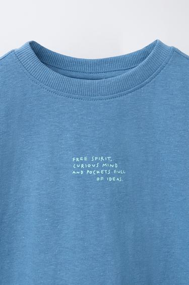 COTTON AND LINEN TEXT T-SHIRT - Mid-blue by Zara - Image 2