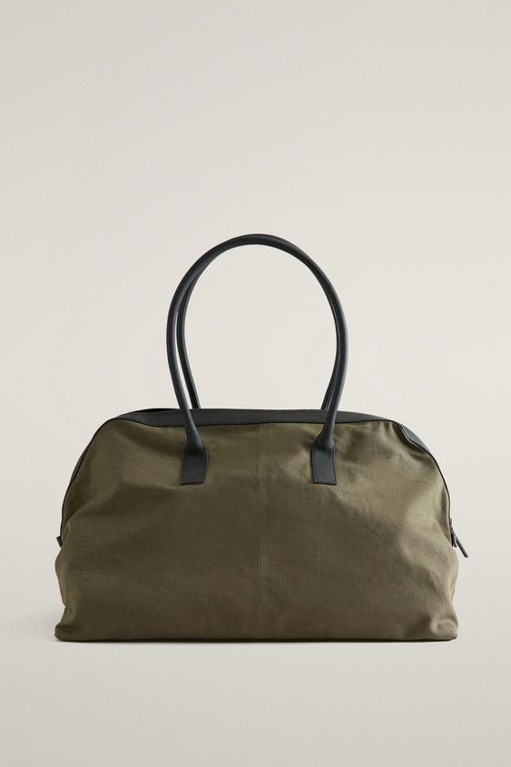 CANVAS WEEKENDER BAG WITH LEATHER - Khaki Green by Zara - Image 0