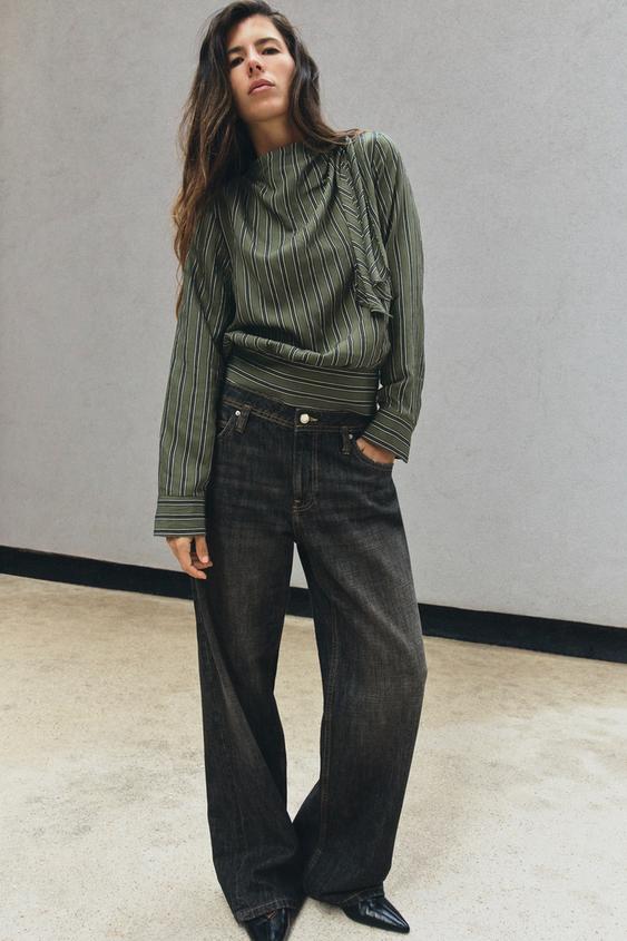 Zara STRIPED KNOT BLOUSE - Green / Ecru - Image 0