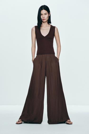 Zara 寬管飄逸長褲 - 棕色