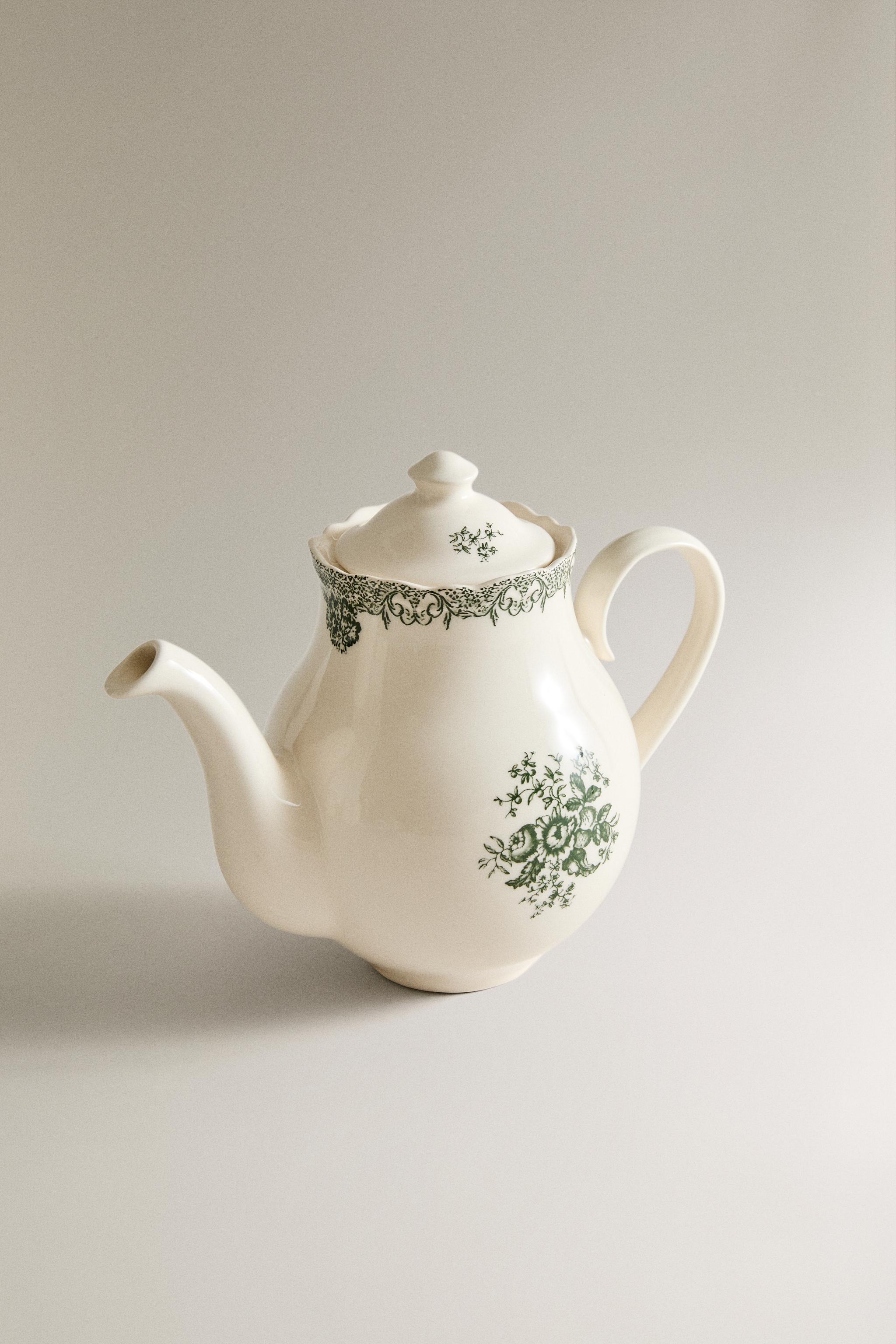 FLORAL EARTHENWARE TEAPOT — Dark olive