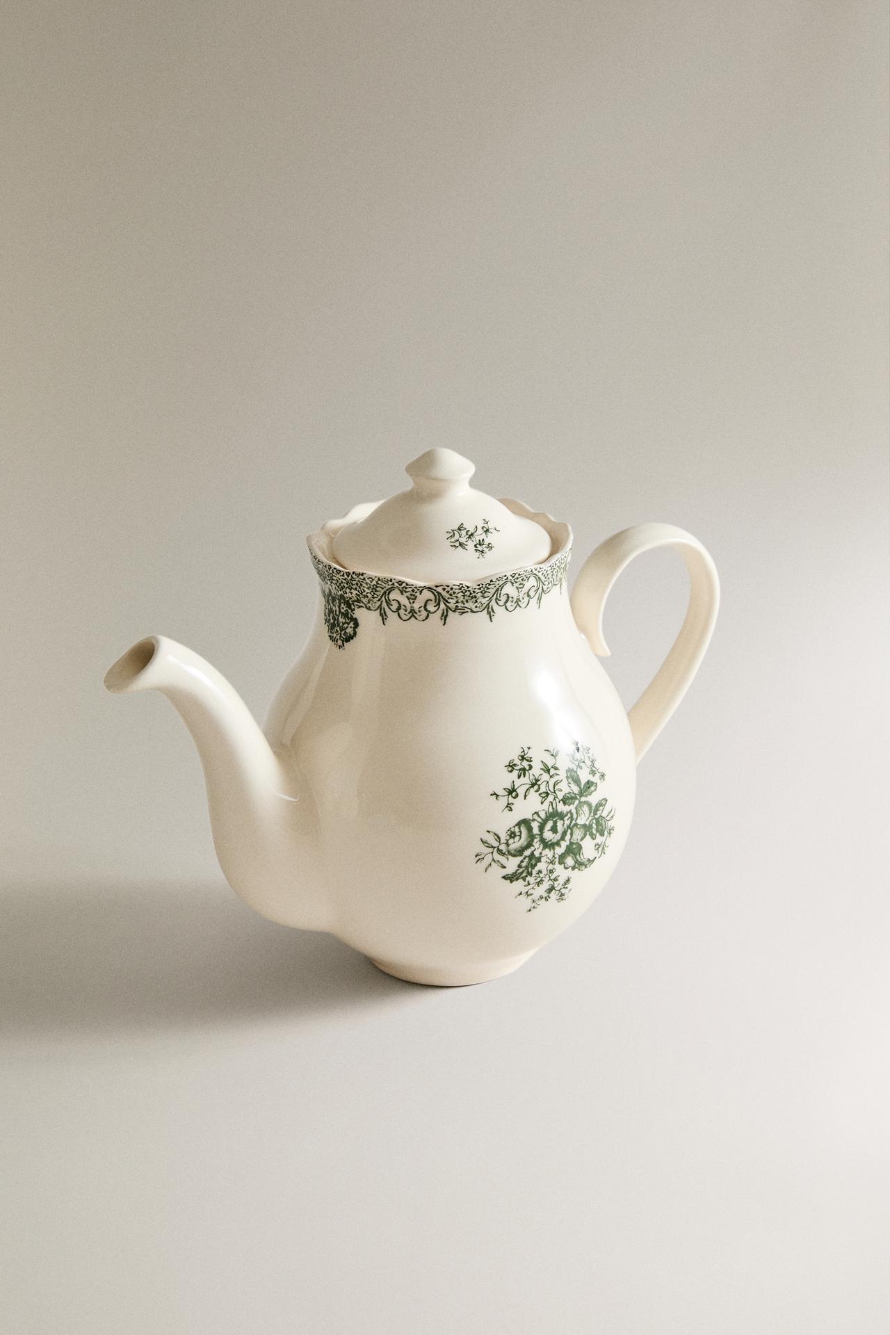 FLORAL EARTHENWARE TEAPOT — Dark olive