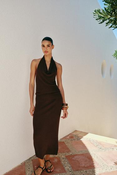 METALLIC YARN RIB KNIT MIDI SKIRT - Brown by Zara