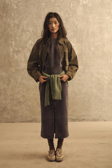 100% LEATHER MIDI DRESS - Khaki by Zara