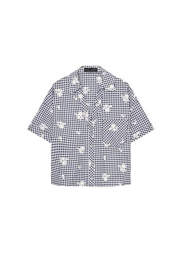 Zara EMBROIDERED PLAID SHIRT - Navy / White