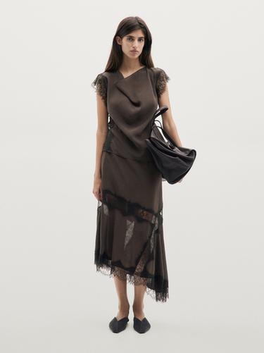 Zara Flowing asymmetric midi skirt with lace detail - Brown - Image 0