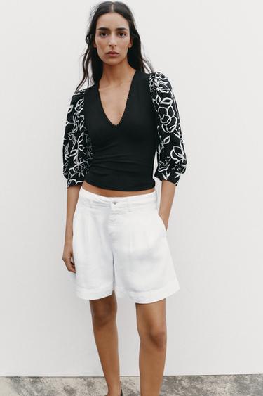 TOP À MANCHES BOUFFANTES ET FLEURS BRODÉES - Noir de Zara