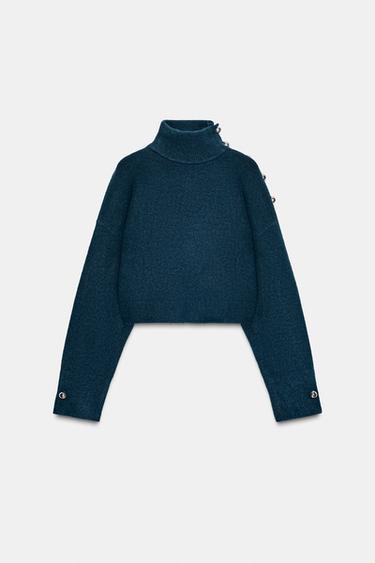 Zara SOFT KNIT BUTTON SWEATER - Blue - Image 0