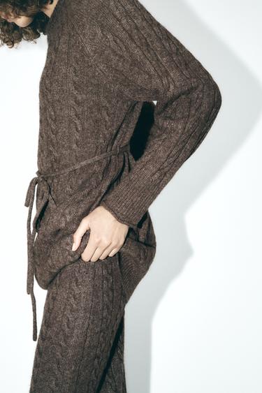 Zara LONG CABLE KNIT WOOL BLEND SWEATER - Brown