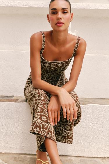 EMBROIDERED JUMPSUIT WITH BELT - Brown / Ecru by Zara - Image 5