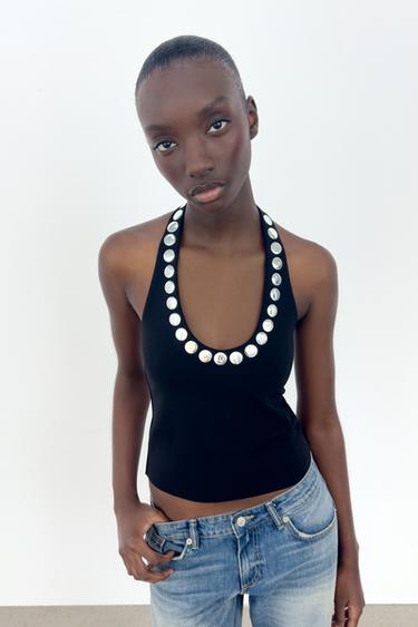 TOP HALTER TACHAS - Negro de Zara