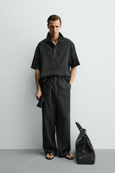 100% LINEN POLO SHIRT - Black by Zara