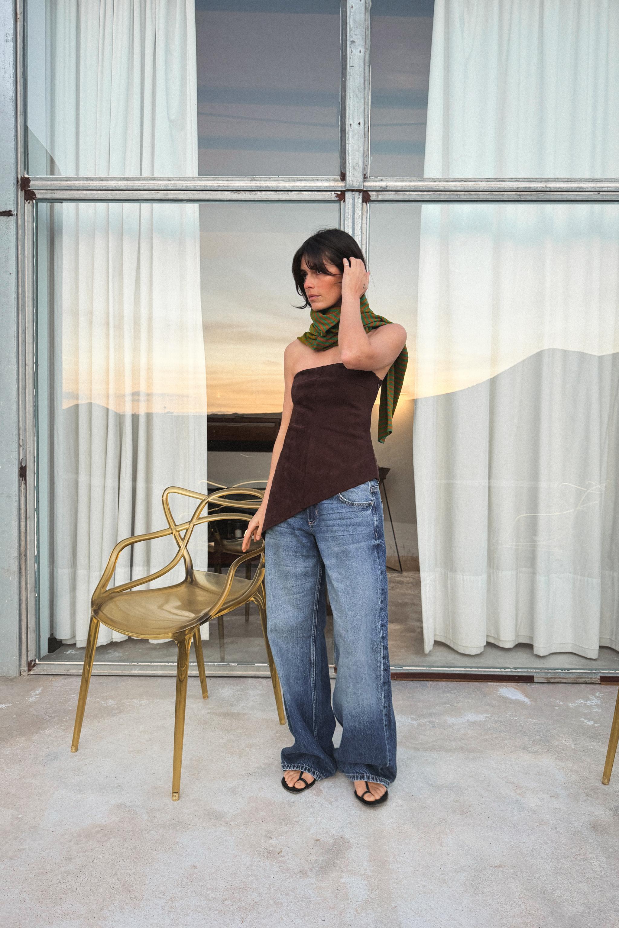 ASYMMETRIC FAUX SUEDE TOP — Chocolate brown