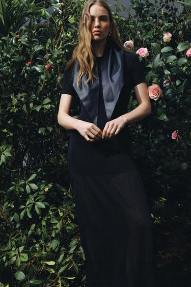 Zara LONG COMBINATION KNIT DRESS - Navy blue