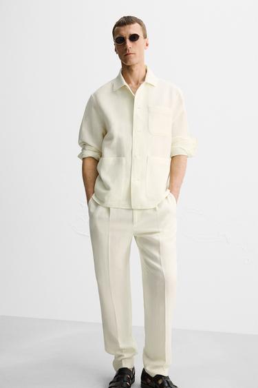 LIMITED EDITION LINEN-WOOL HERRINGBONE TROUSERS - Oyster-white by Zara - Image 4