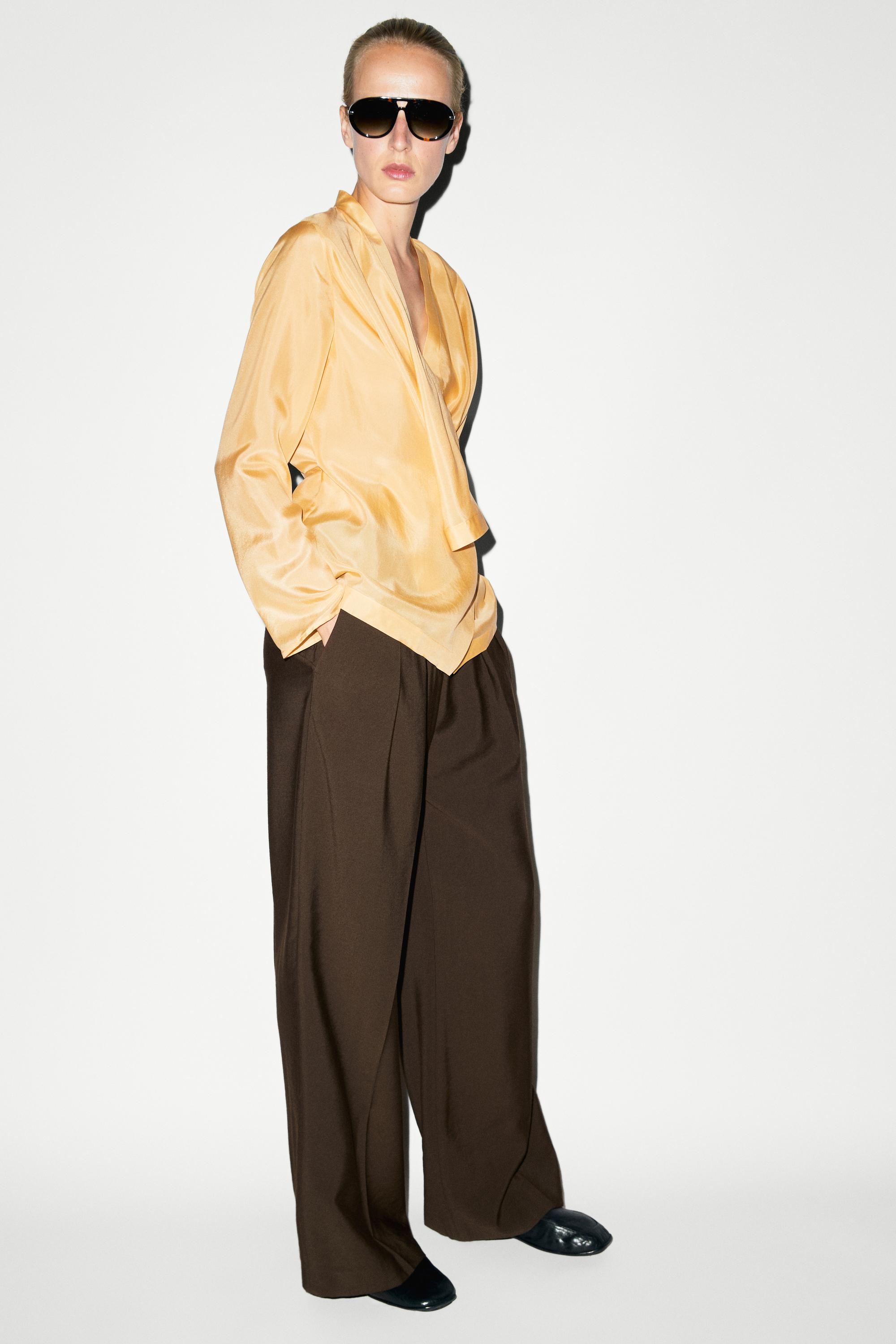 100% silk flowing wrap shirt — Pastel yellow