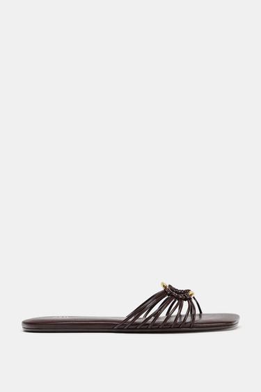 Zara FLAT SANDALS WITH METALLIC TRIM - Brown - Image 0