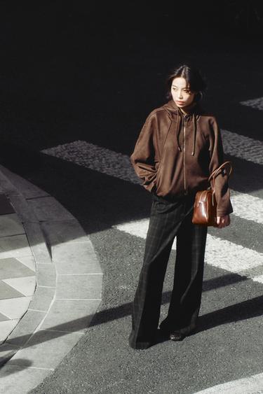 Zara 人造麂皮連帽飛行員外套 - 棕色