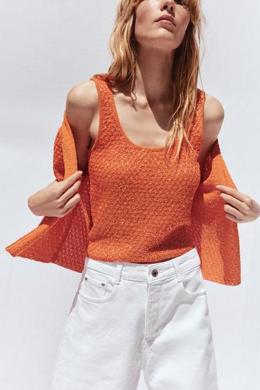 TOP PUNTO LENTEJUELAS - Naranja de Zara
