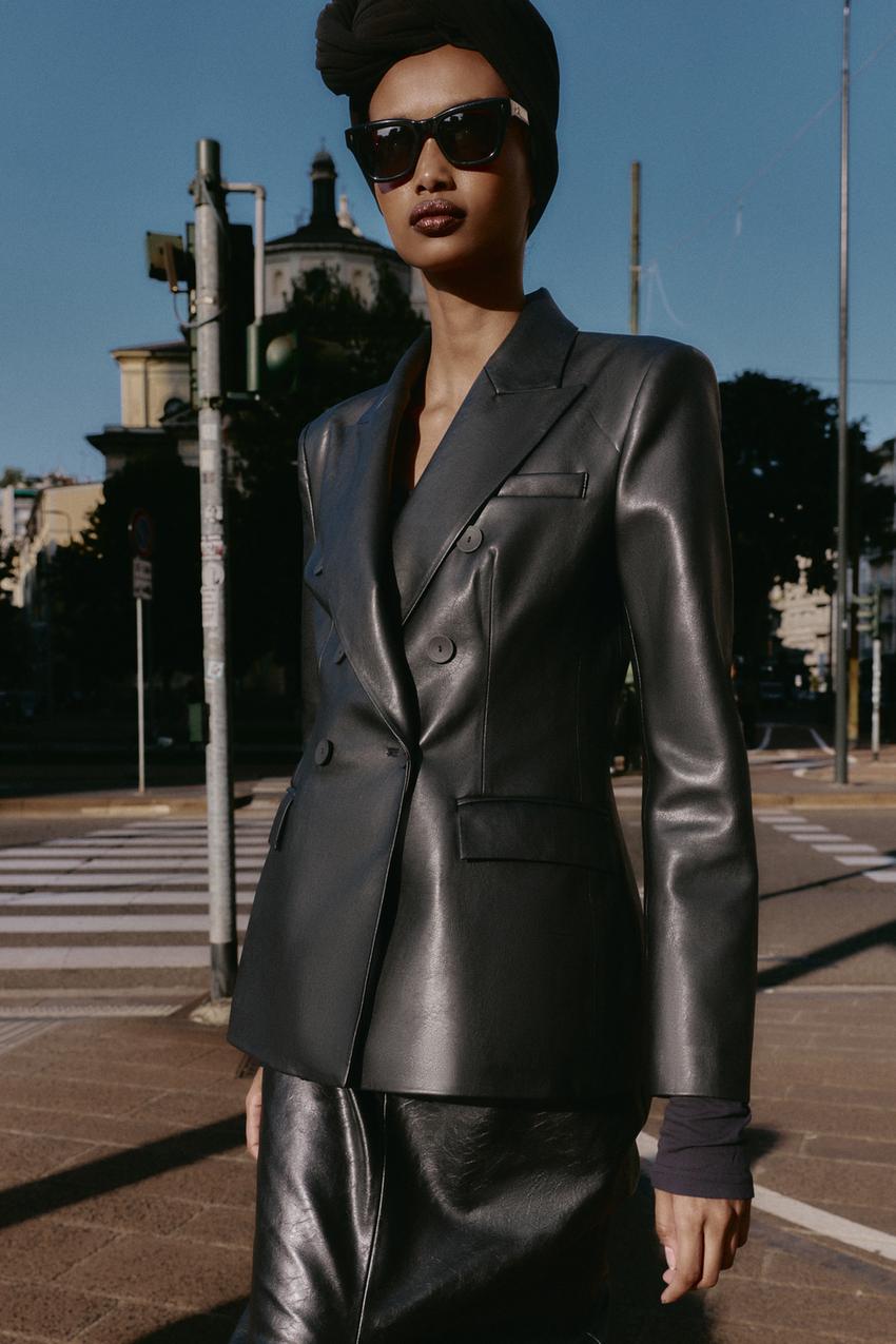 FAUX LEATHER DOUBLE BREASTED BLAZER