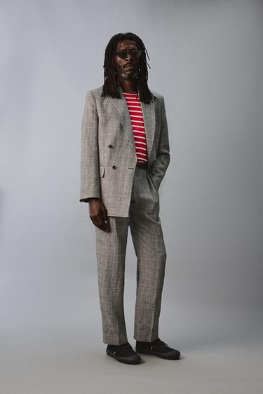 DOUBLE-BREASTED CHECK WOOL-LINEN SUIT BLAZER AARON LEVINE X ZARA - Black / White by Zara