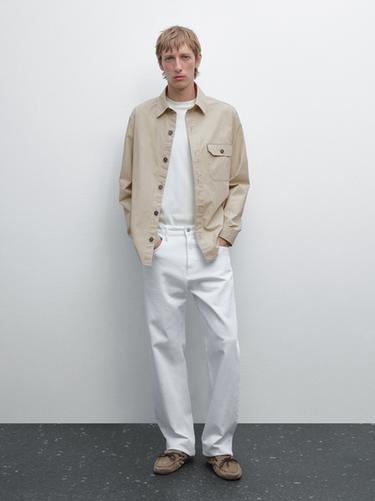 Zara 100% cotton overshirt with pocket - Light beige - Image 0
