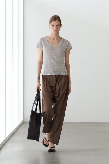 Zara Short sleeve knit sweater with thread detail - Pearl gray - Image 0