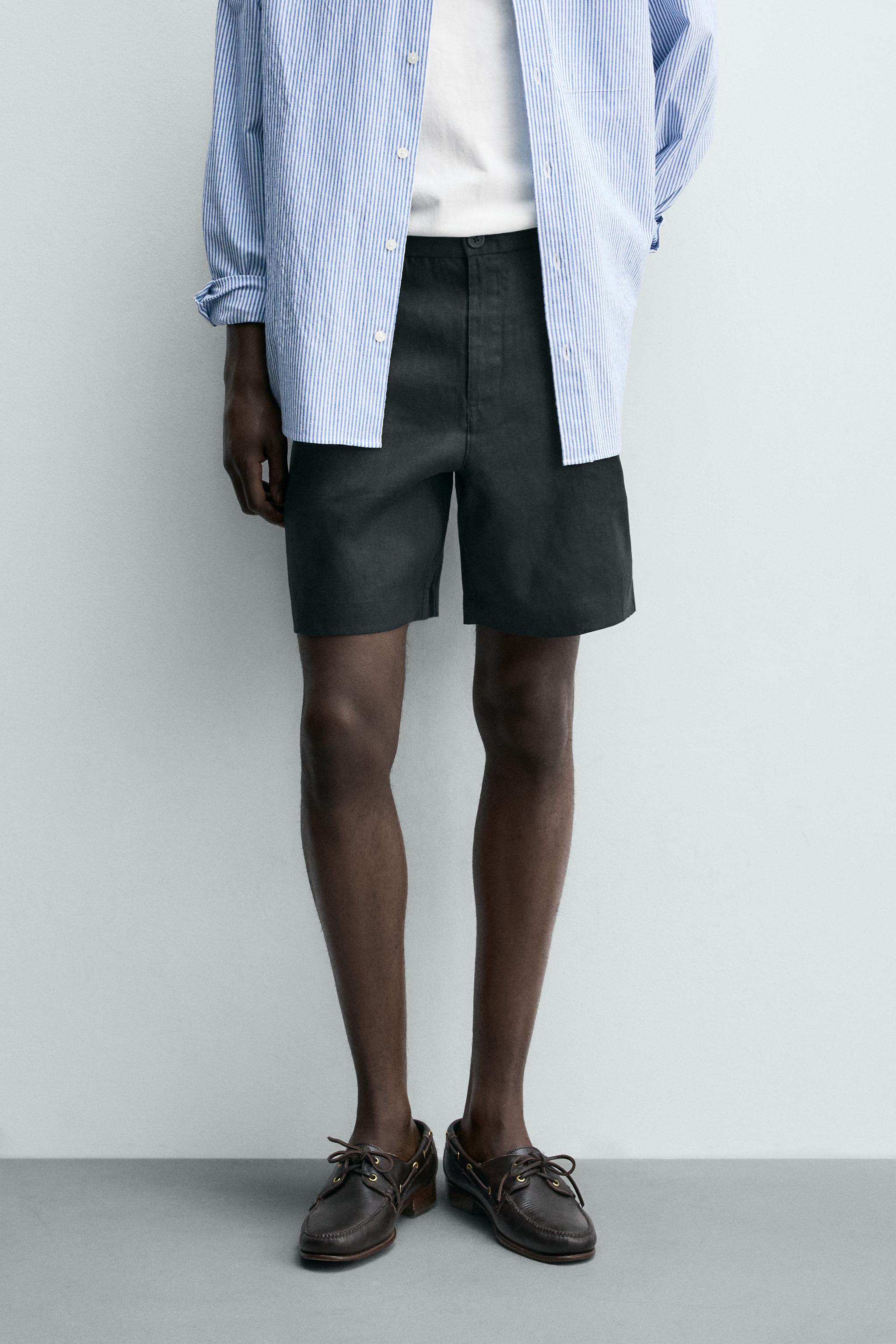 100% LINEN REGULAR FIT SHORTS — Black