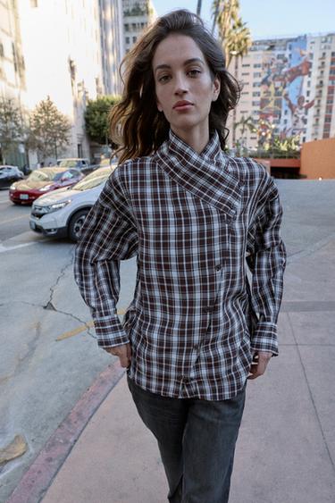 CAMISA CRUZADA CUADROS - Marrón-Azul de Zara