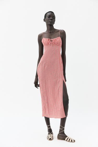 ROBE MI-LONGUE À CARREAUX VICHY - Blanc / Rouge de Zara - Image 0