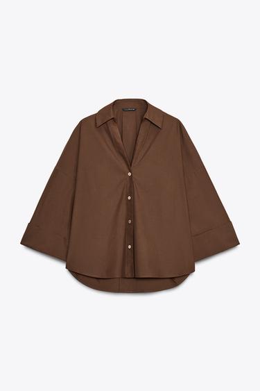 Zara WIDE SLEEVE POPLIN SHIRT - Brown - Image 0
