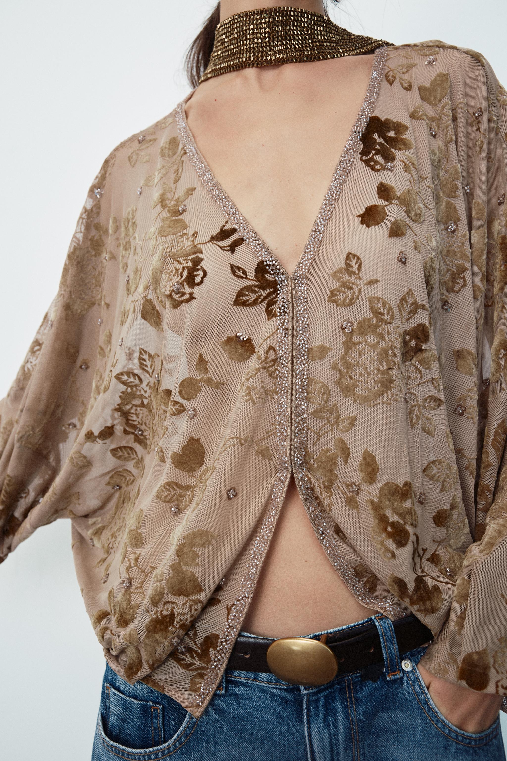 FLOCKED EMBROIDERED BLOUSE