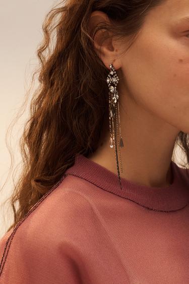 Zara LIMITED EDITION LONG SPARKLY EARRINGS - Gold / Silver