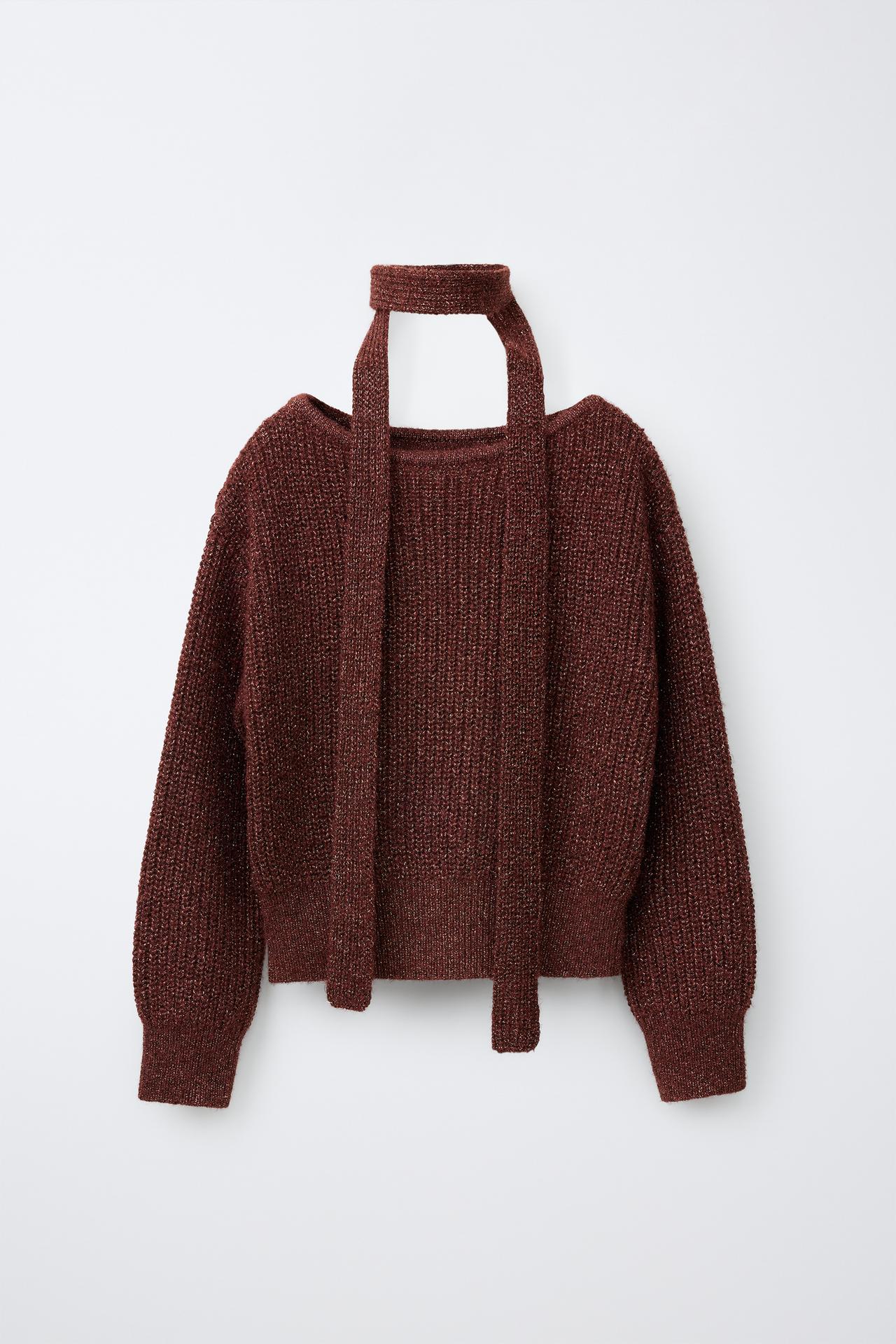METALLIC KNIT JUMPER WITH SCARF — Dark russet