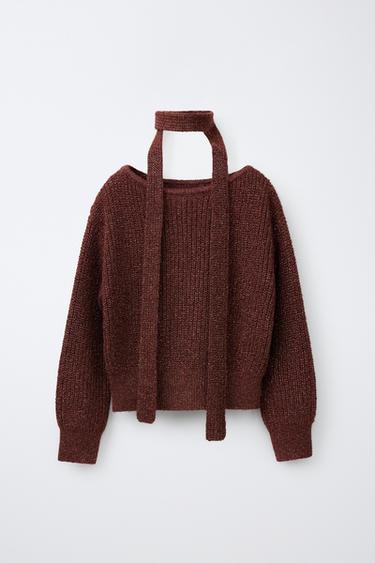 METALLIC KNIT JUMPER WITH SCARF — Dark russet 1