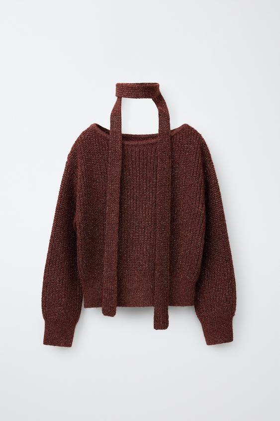 Zara METALLIC KNIT JUMPER WITH SCARF - Dark russet - Image 0