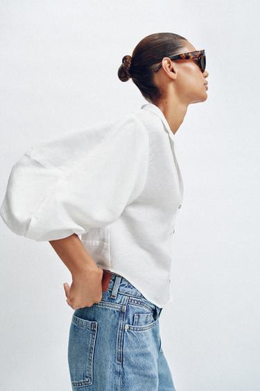 CAMISA MANGA ABULLONADA CON LINO - Blanco de Zara