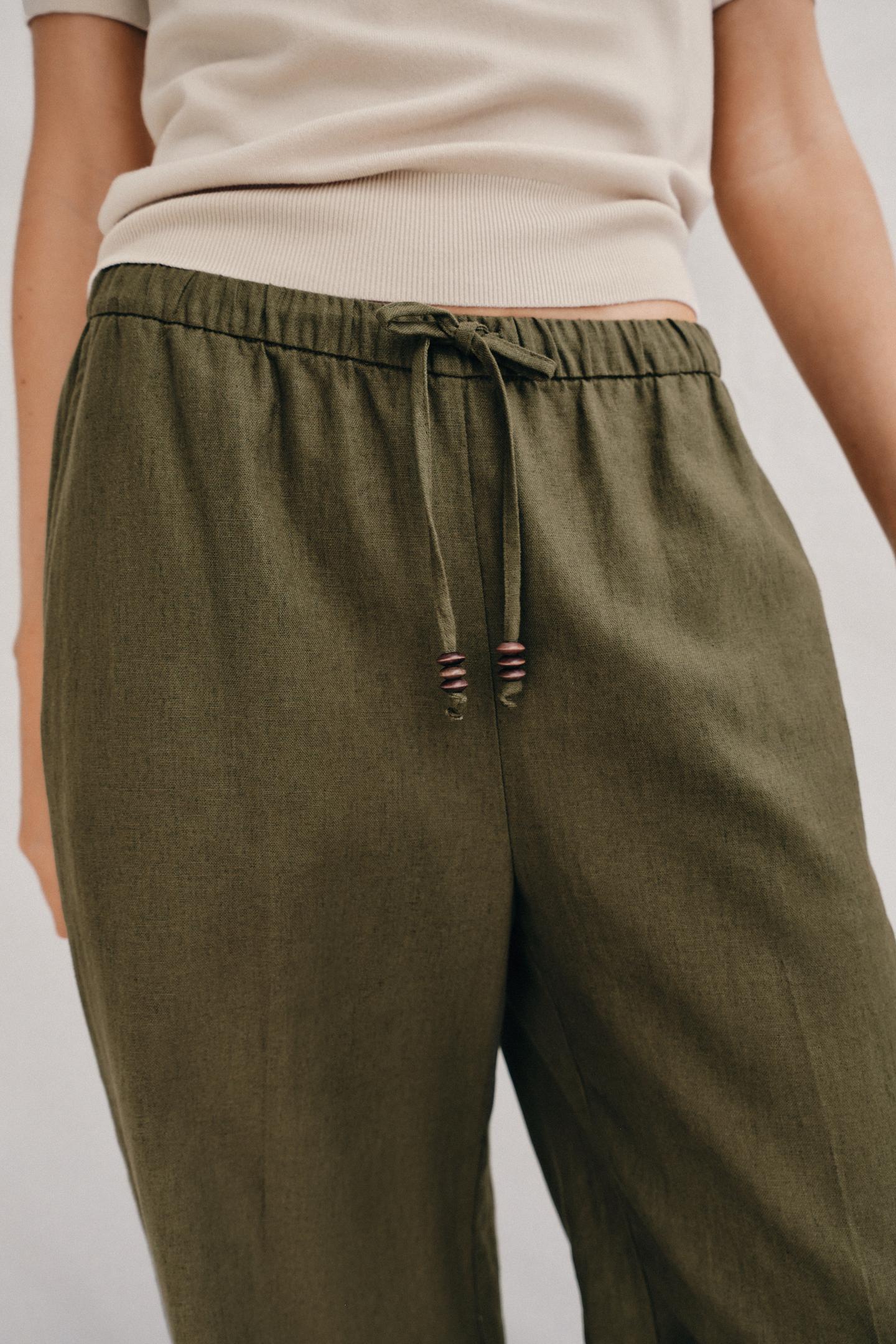 Женские брюки Zara Linen Straight Leg, цвет: Хаки — фото 3