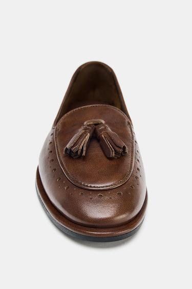 Zara LEATHER TASSEL LOAFERS - Brown