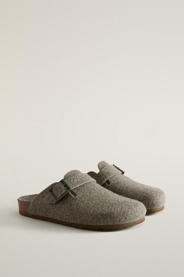 BUCKLED FELT MULE SLIPPERS — Khaki Green 2