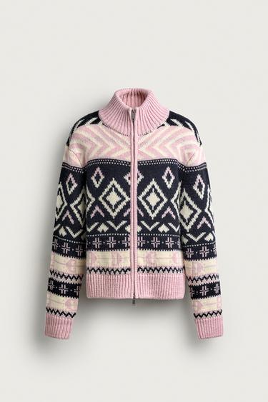 Zara COMBINATION ARGYLE KNIT CARDIGAN - Navy / White