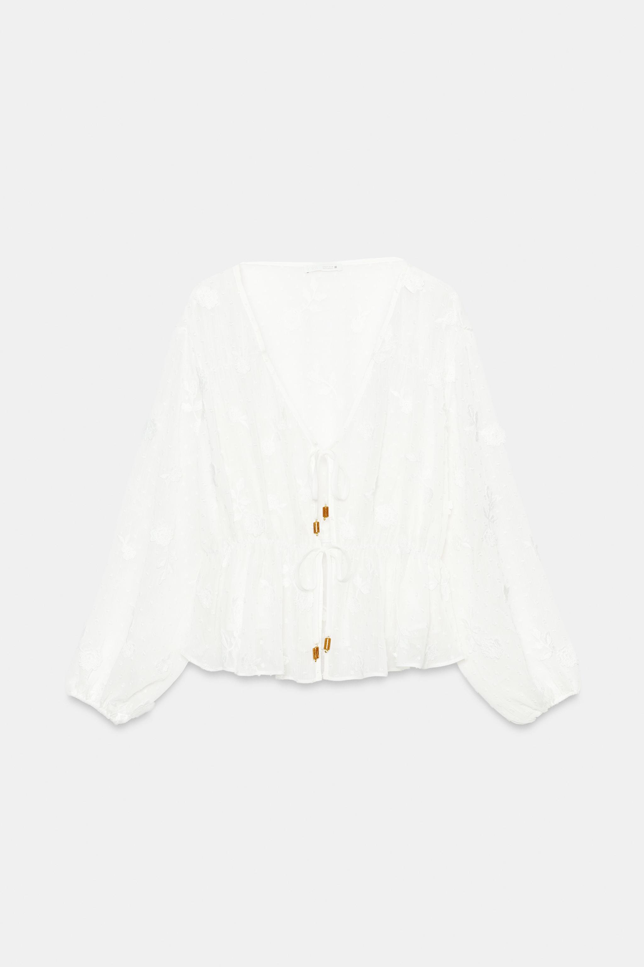Женские блузки Zara EMBROIDERED DOTTED MESH BLOUSE — фото 7
