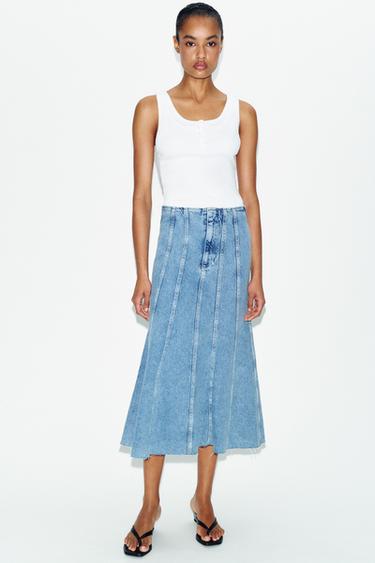 Zara Z1975 SEAMED DENIM MIDI SKIRT - Mid-blue