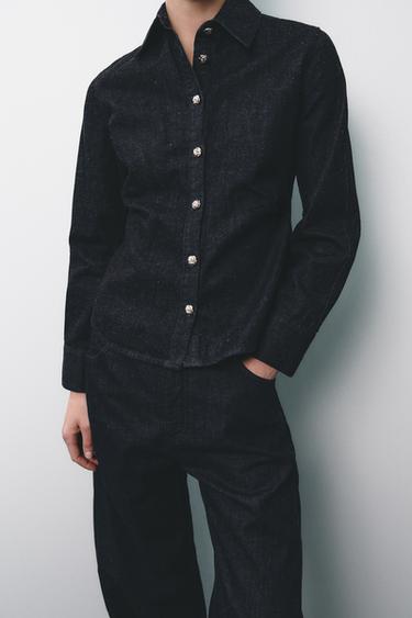 Zara PLEATED DENIM SHIRT ZW COLLECTION - Blue