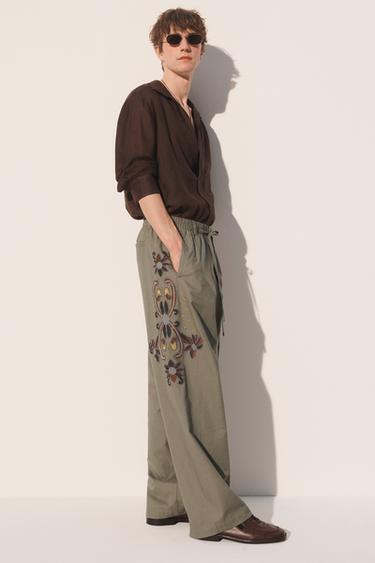 CONTRAST EMBROIDERED LINEN-COTTON TROUSERS - Green / Blue by Zara