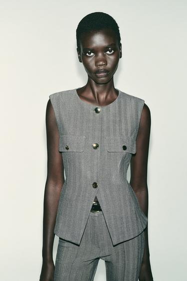 HERRINGBONE FLARED WAISTCOAT - Grey by Zara