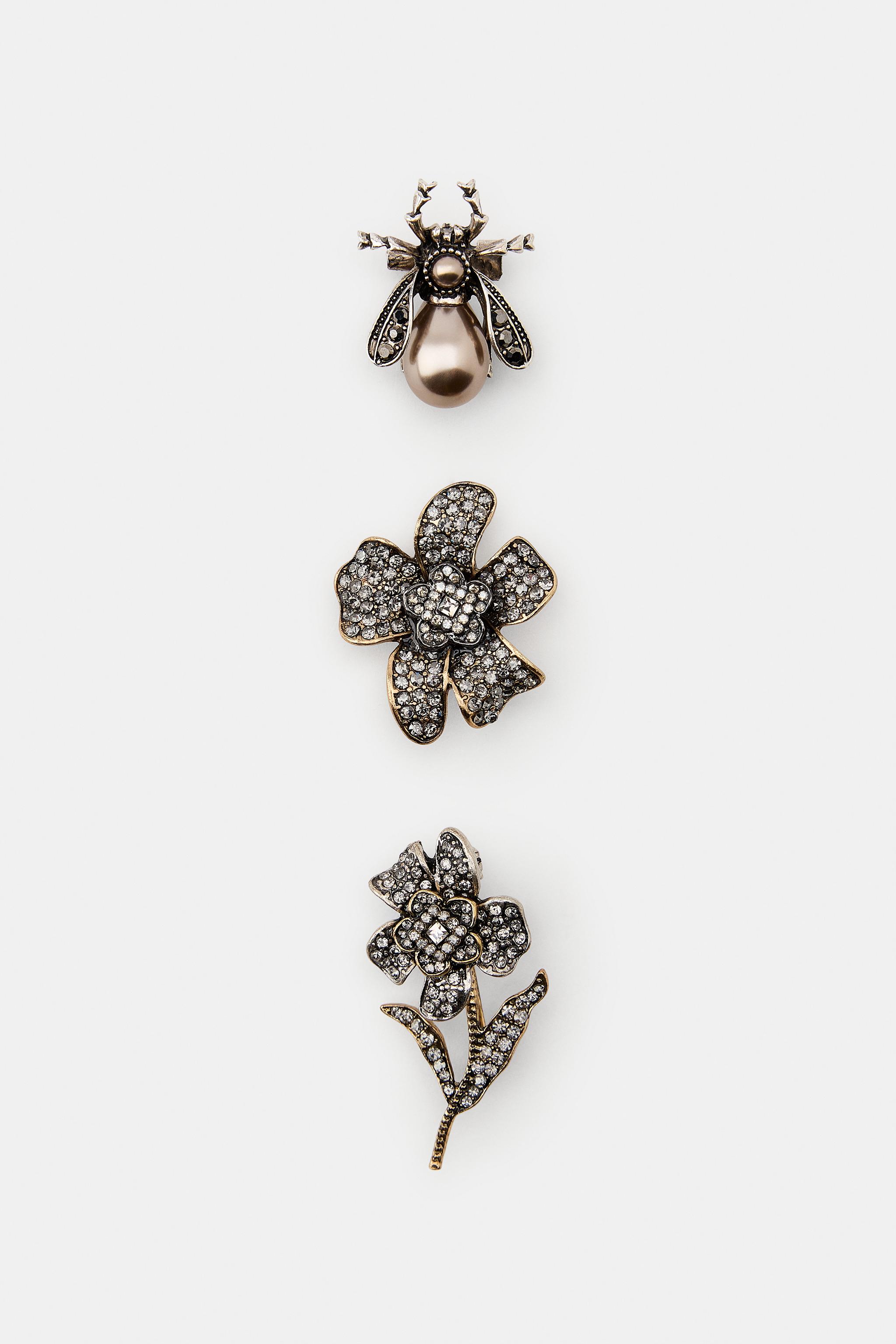 PACK OF 3 SPARKLY FLOWER AND BEE BROOCHES - Gold / Silver | ZARA