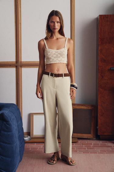 PANTALON JUPE-CULOTTE EN LIN AVEC CEINTURE - Beige clair de Zara